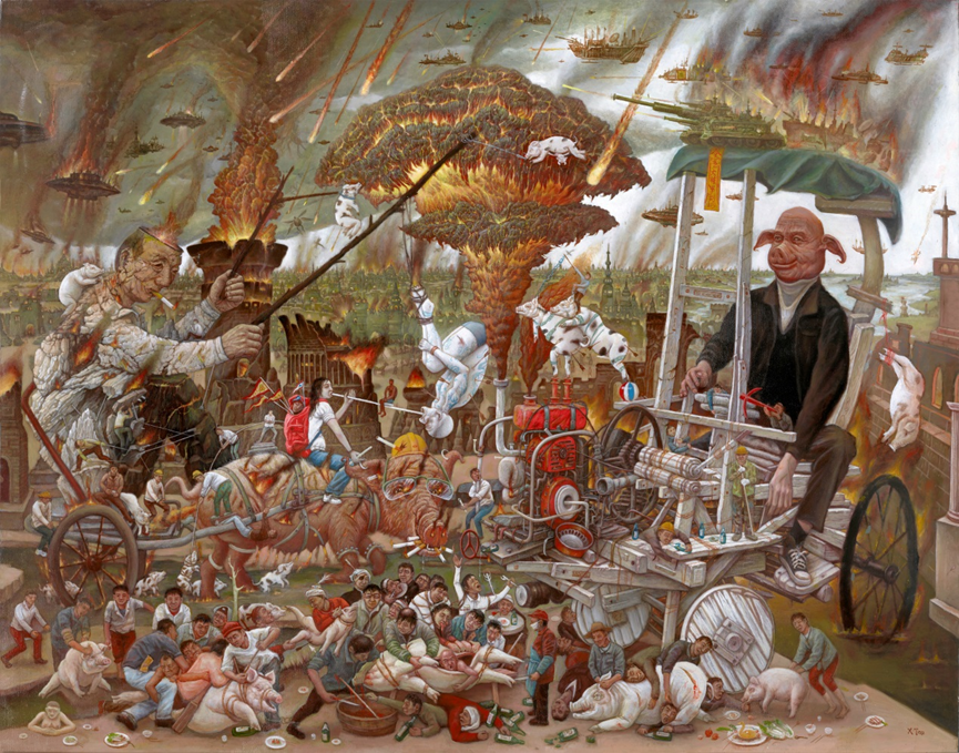 人联想起博斯的绘画,您选择这样大尺幅加俯瞰视角进行众生群像的创作